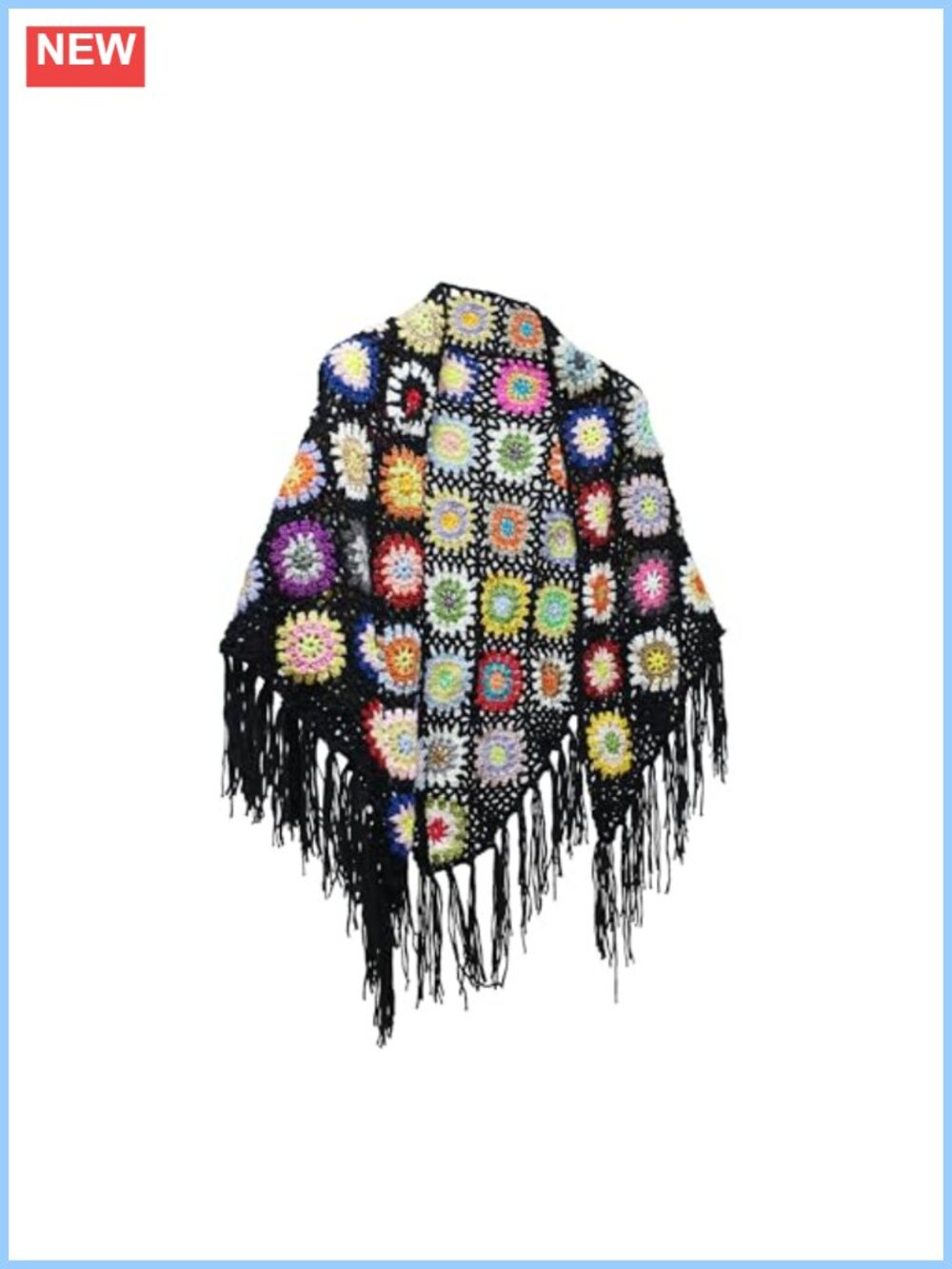 Handmade Crochet Fringed Poncho Cape Shawl Wrap Granny Square Acrylic